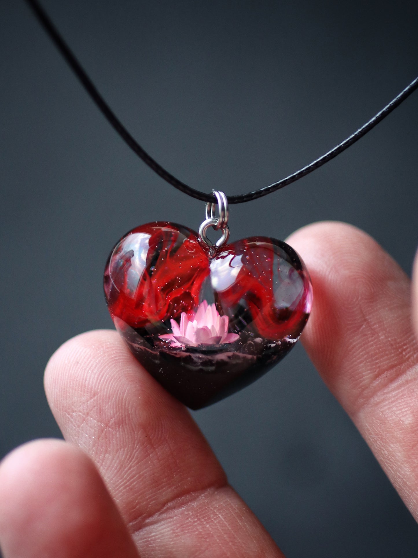 Epoxy resin and wood Red Flower Heart pendant