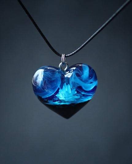 Epoxy resin and wood Blue Flower Heart pendant