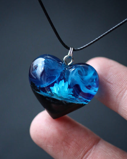 Epoxy resin and wood Blue Flower Heart pendant