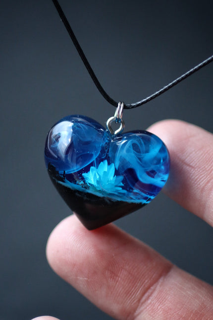 Epoxy resin and wood Blue Flower Heart pendant