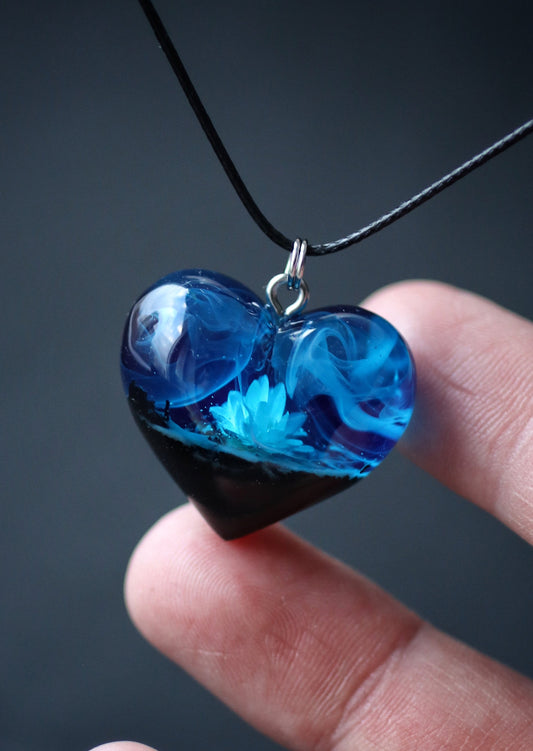 Epoxy resin and wood Blue Flower Heart pendant