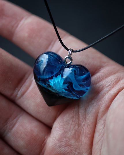 Epoxy resin and wood Blue Flower Heart pendant