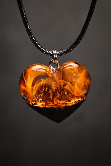 Epoxy resin and wood Fire Heart pendant