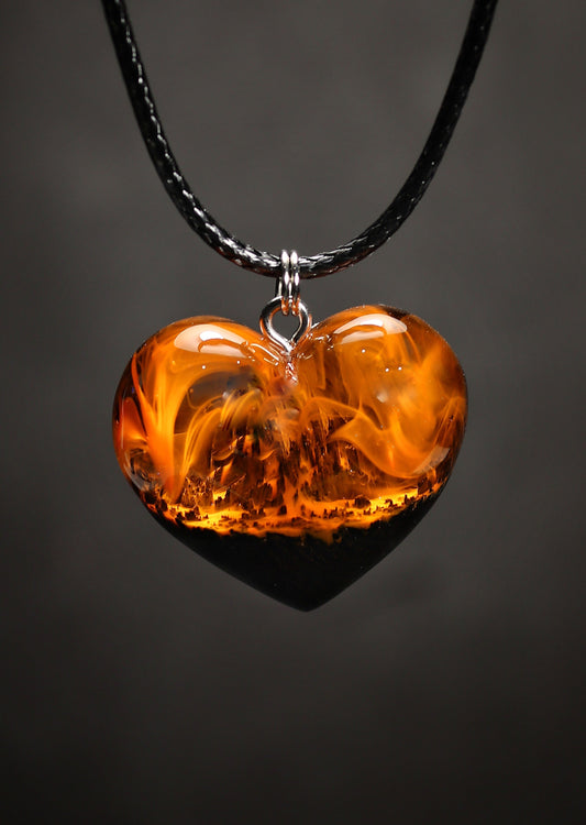 Epoxy resin and wood Fire Heart pendant