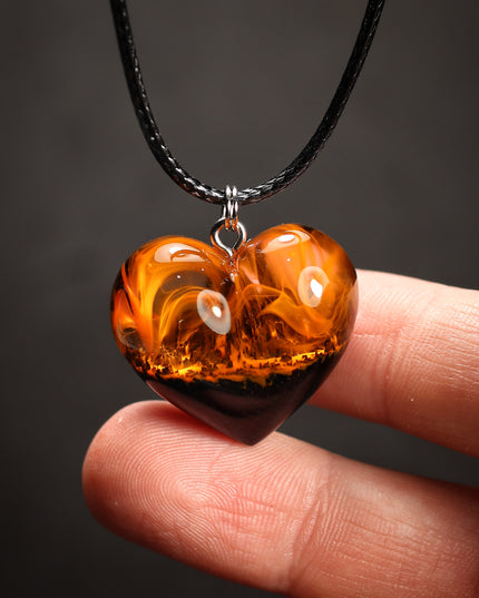 Epoxy resin and wood Fire Heart pendant
