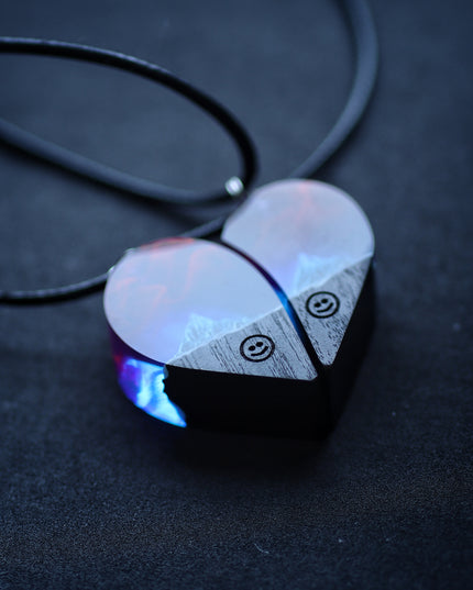Epoxy resin and wood Couple heart Nightfall Mountain pendant