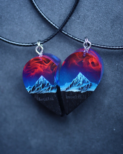 Epoxy resin and wood Couple heart Nightfall Mountain pendant