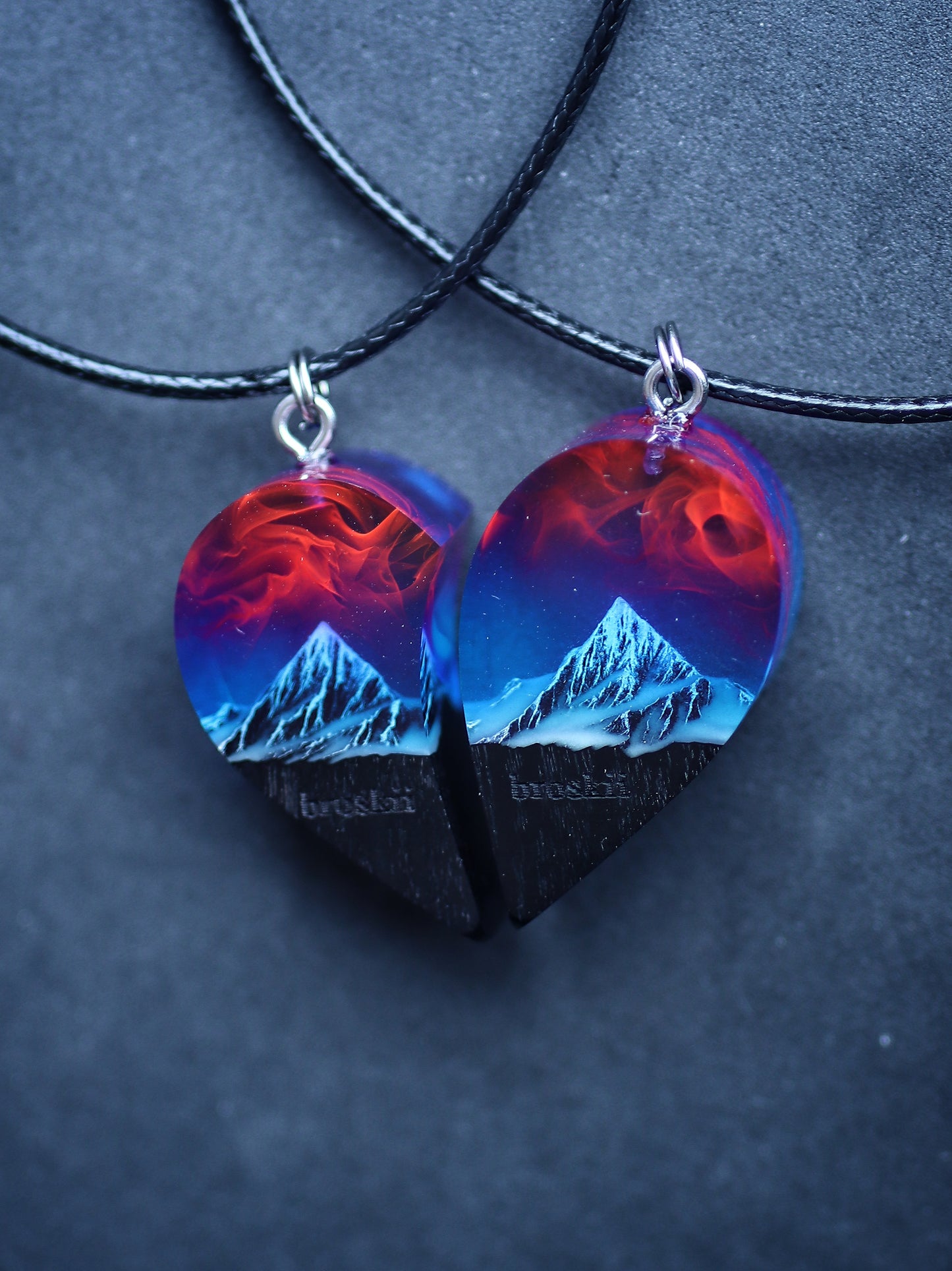 Epoxy resin and wood Couple heart Nightfall Mountain pendant