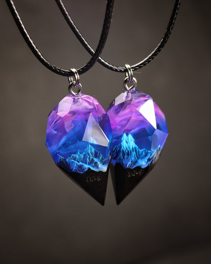 Epoxy resin and wood Couple heart Nightfall Mountain pendant Faceted