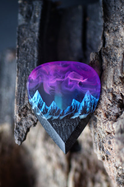 Epoxy resin and wood Nightfall Mountain guitar pick