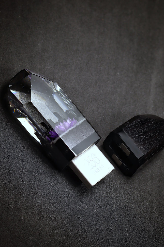 Handmade wood and resin USB flash drive with purple flower inside