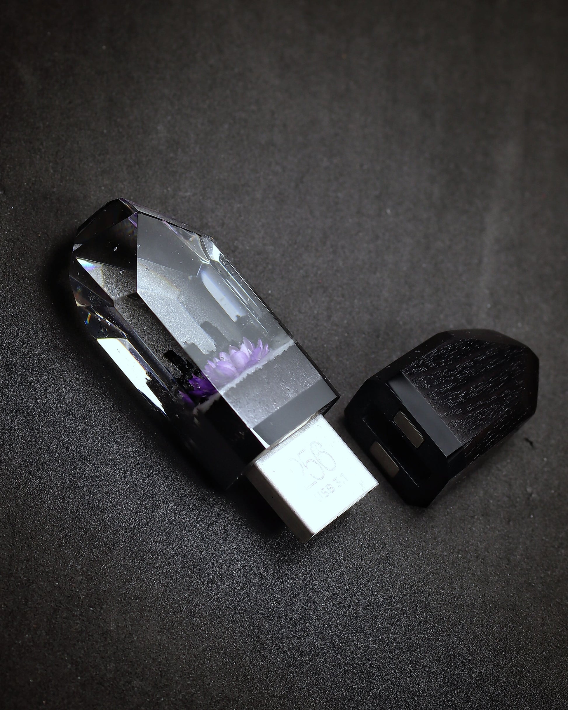 Handmade wood and resin USB flash drive with purple flower inside