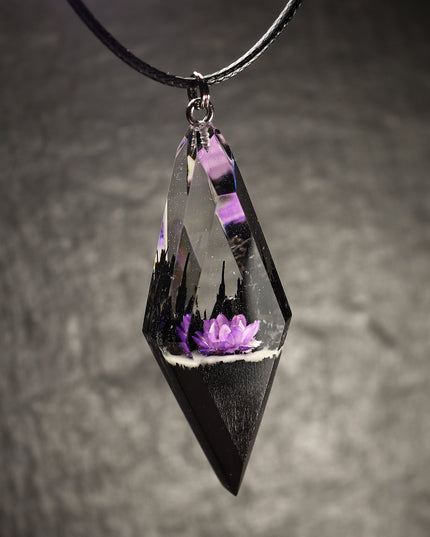 Epoxy resin and wood Violet Flower Rhombus pendant
