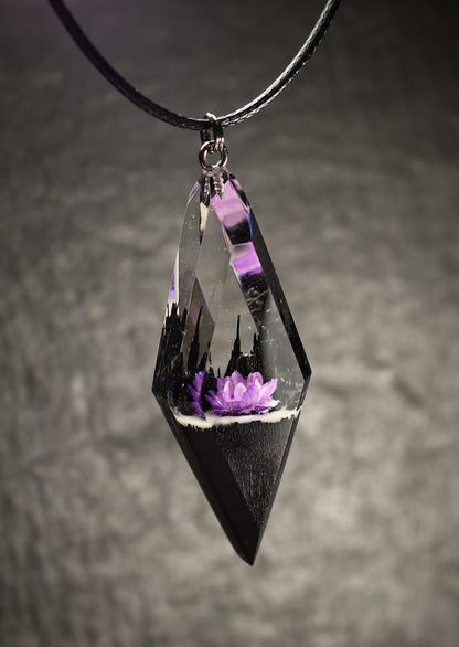 Epoxy resin and wood Violet Flower Rhombus pendant