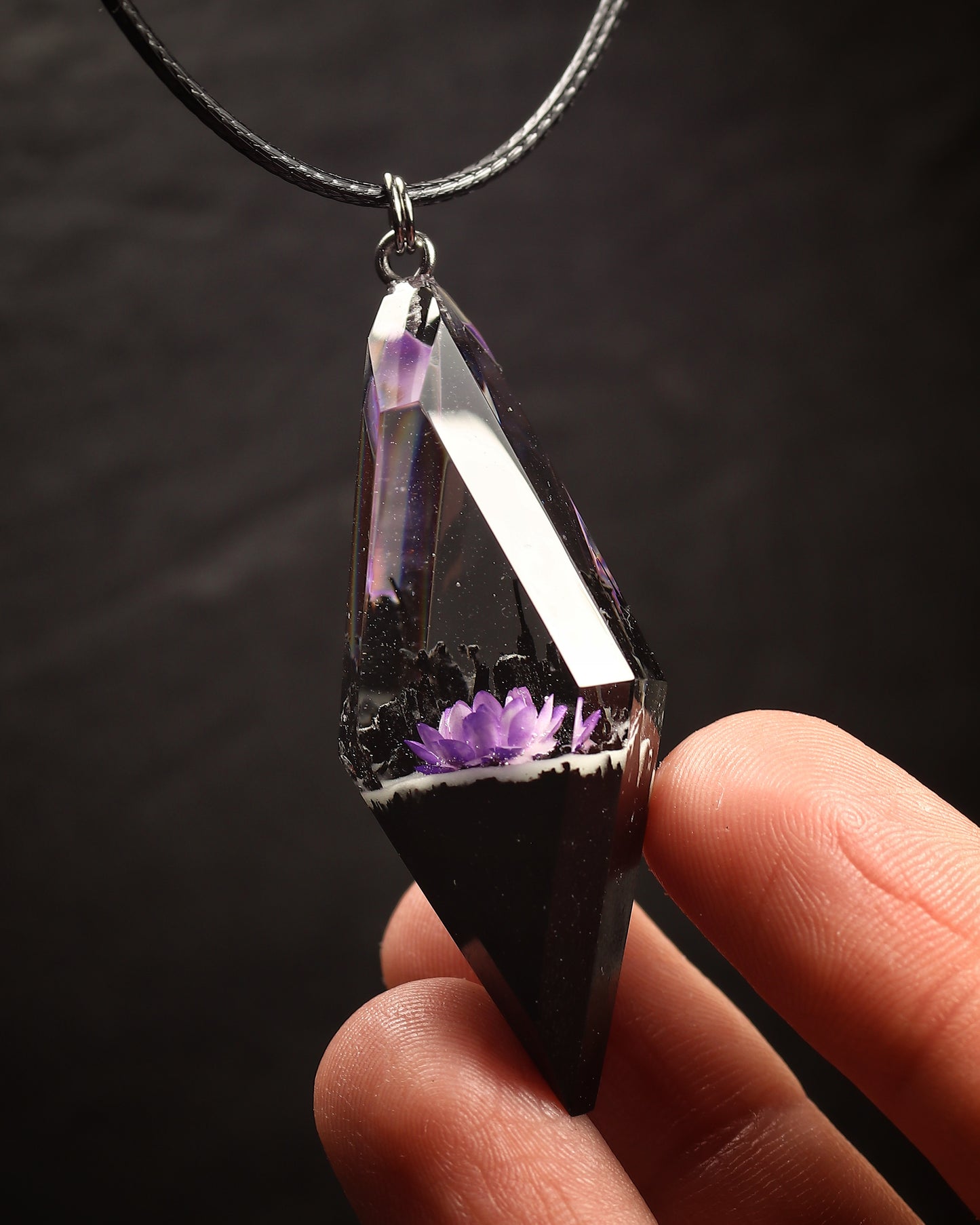 Epoxy resin and wood Violet Flower Rhombus pendant