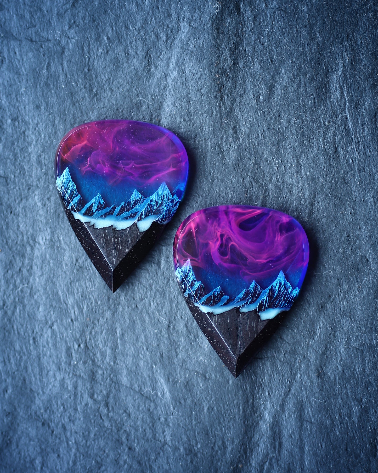 Epoxy resin and wood Nightfall Mountain guitar pick