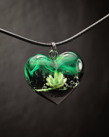 Epoxy resin and wood Green Flower Heart pendant