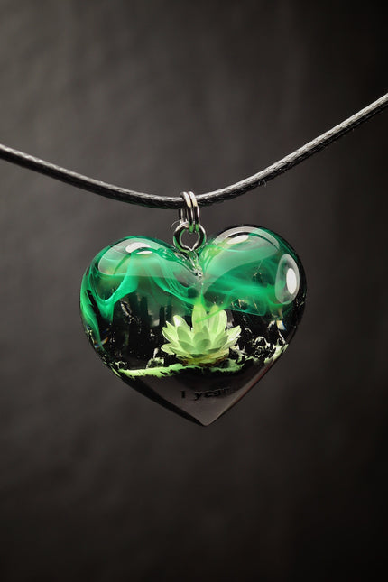 Epoxy resin and wood Green Flower Heart pendant