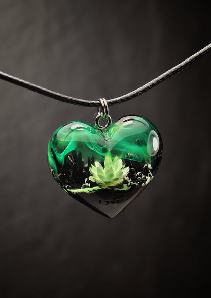 Epoxy resin and wood Green Flower Heart pendant