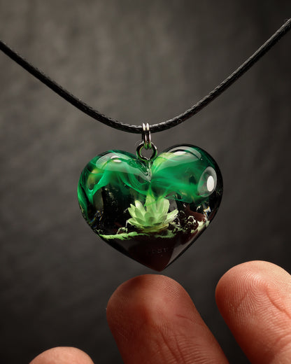 Epoxy resin and wood Green Flower Heart pendant