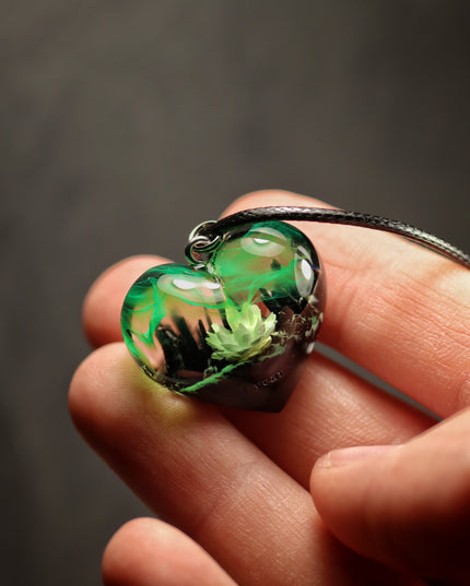 Epoxy resin and wood Green Flower Heart pendant