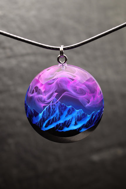 Epoxy resin and wood Nightfall Mountain Round Faceted pendant