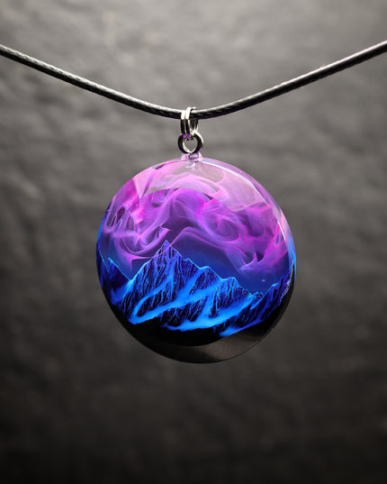 Epoxy resin and wood Nightfall Mountain Round Faceted pendant
