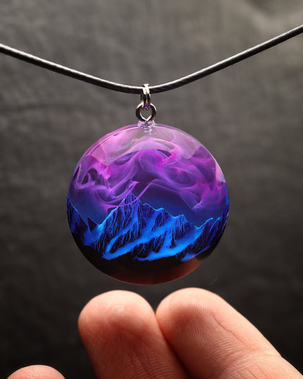 Epoxy resin and wood Nightfall Mountain Round Faceted pendant