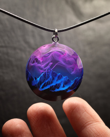 Epoxy resin and wood Nightfall Mountain Round Faceted pendant