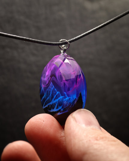 Epoxy resin and wood Nightfall Mountain Round Faceted pendant