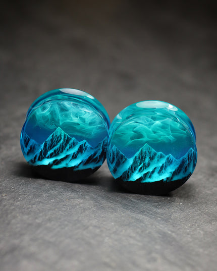 Epoxy resin and wood earring plug Mountain Northern lights