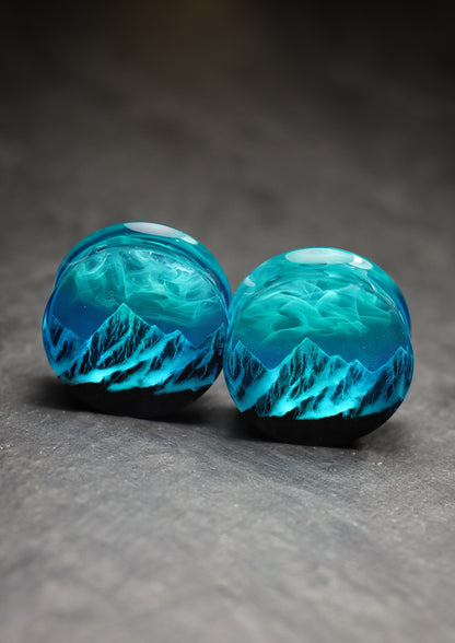 Epoxy resin and wood earring plug Mountain Northern lights