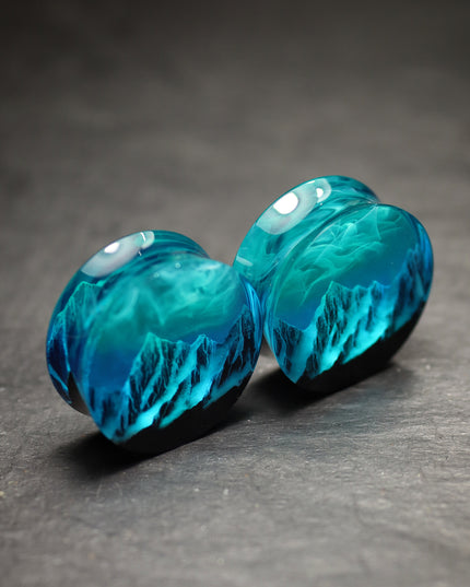 Epoxy resin and wood earring plug Mountain Northern lights