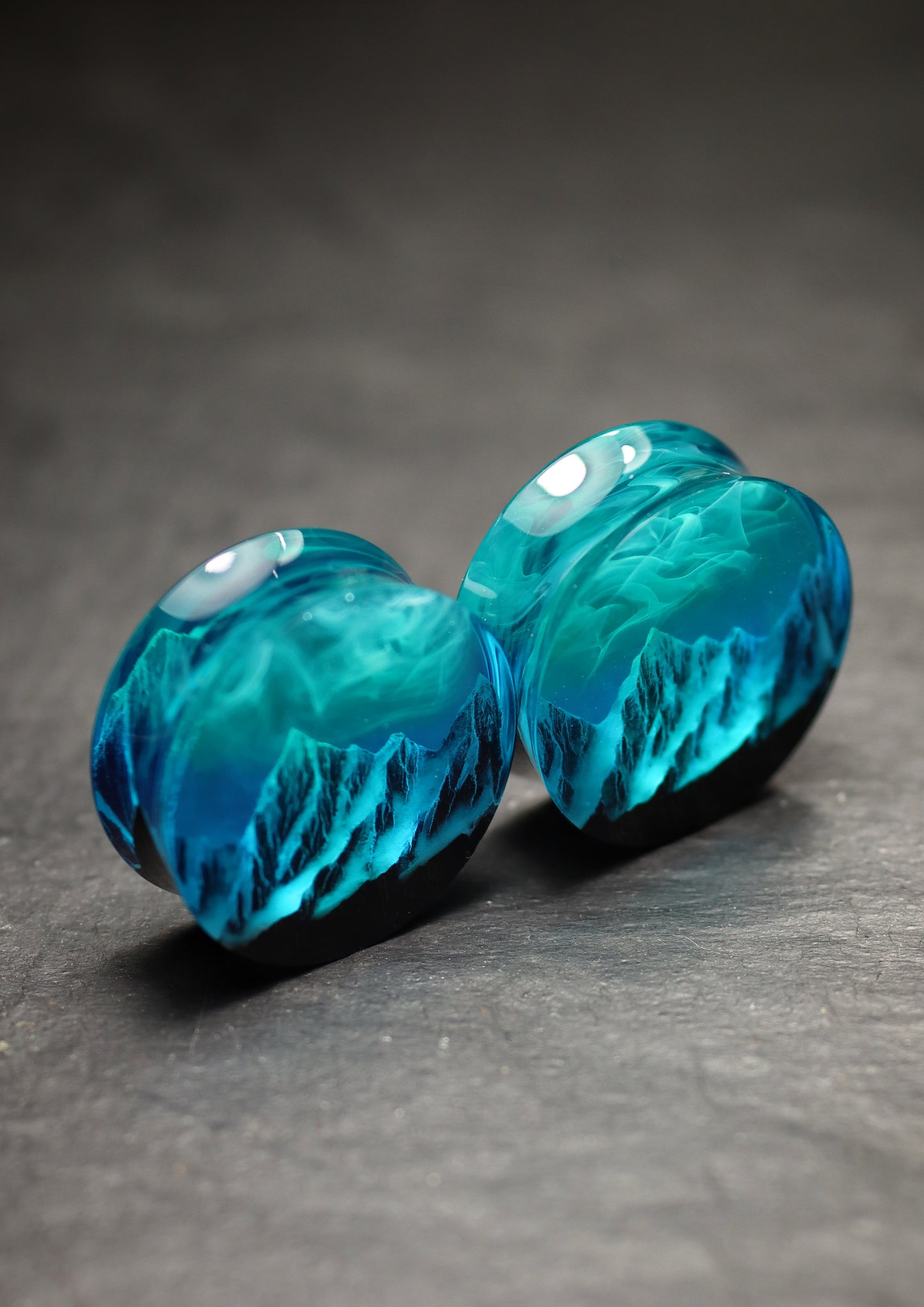 Epoxy resin and wood earring plug Mountain Northern lights