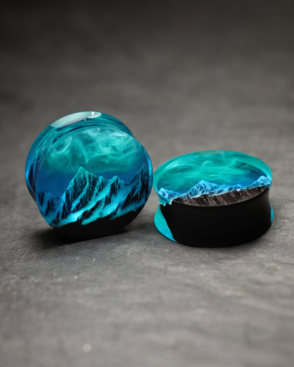 Epoxy resin and wood earring plug Mountain Northern lights