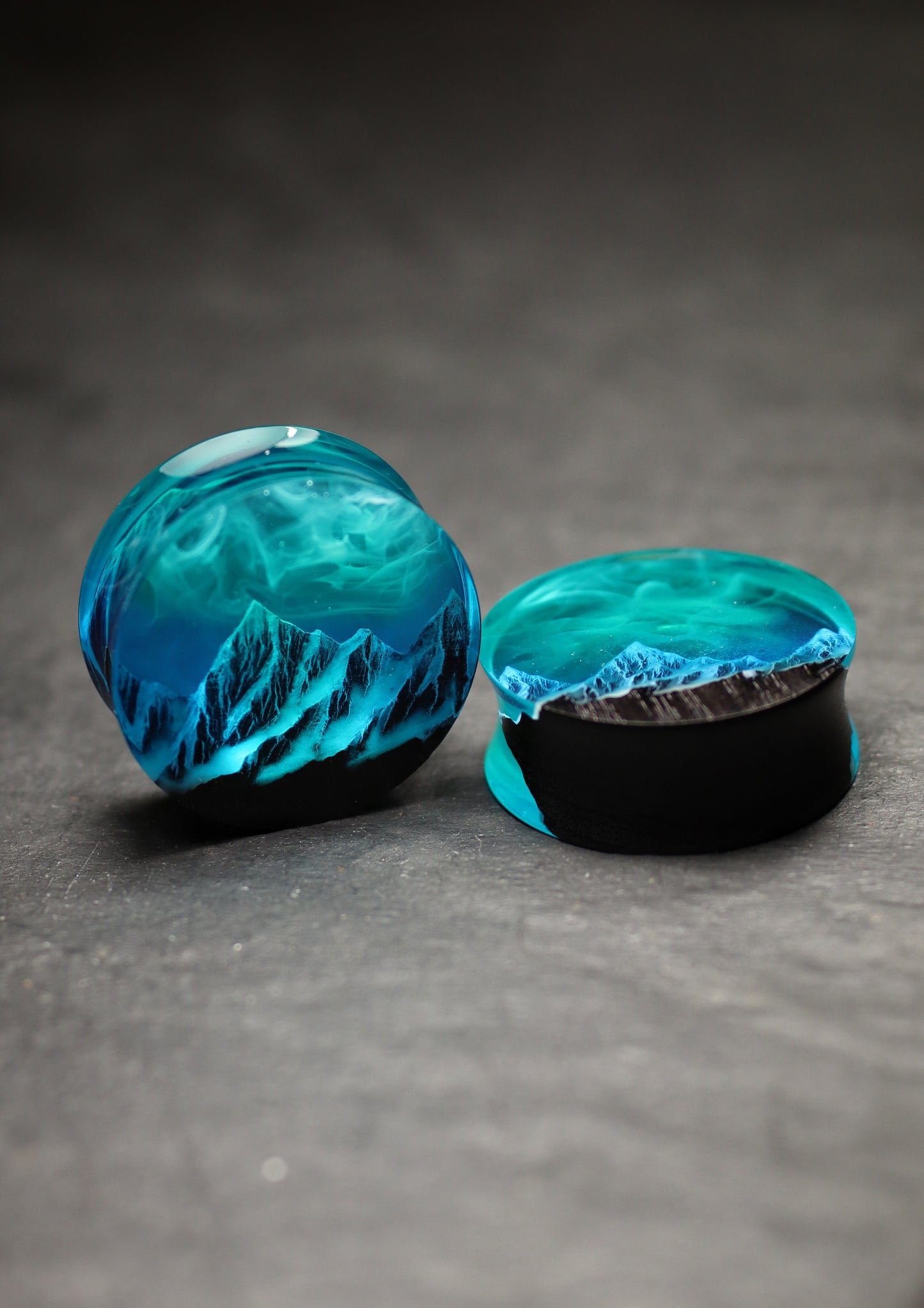 Epoxy resin and wood earring plug Mountain Northern lights