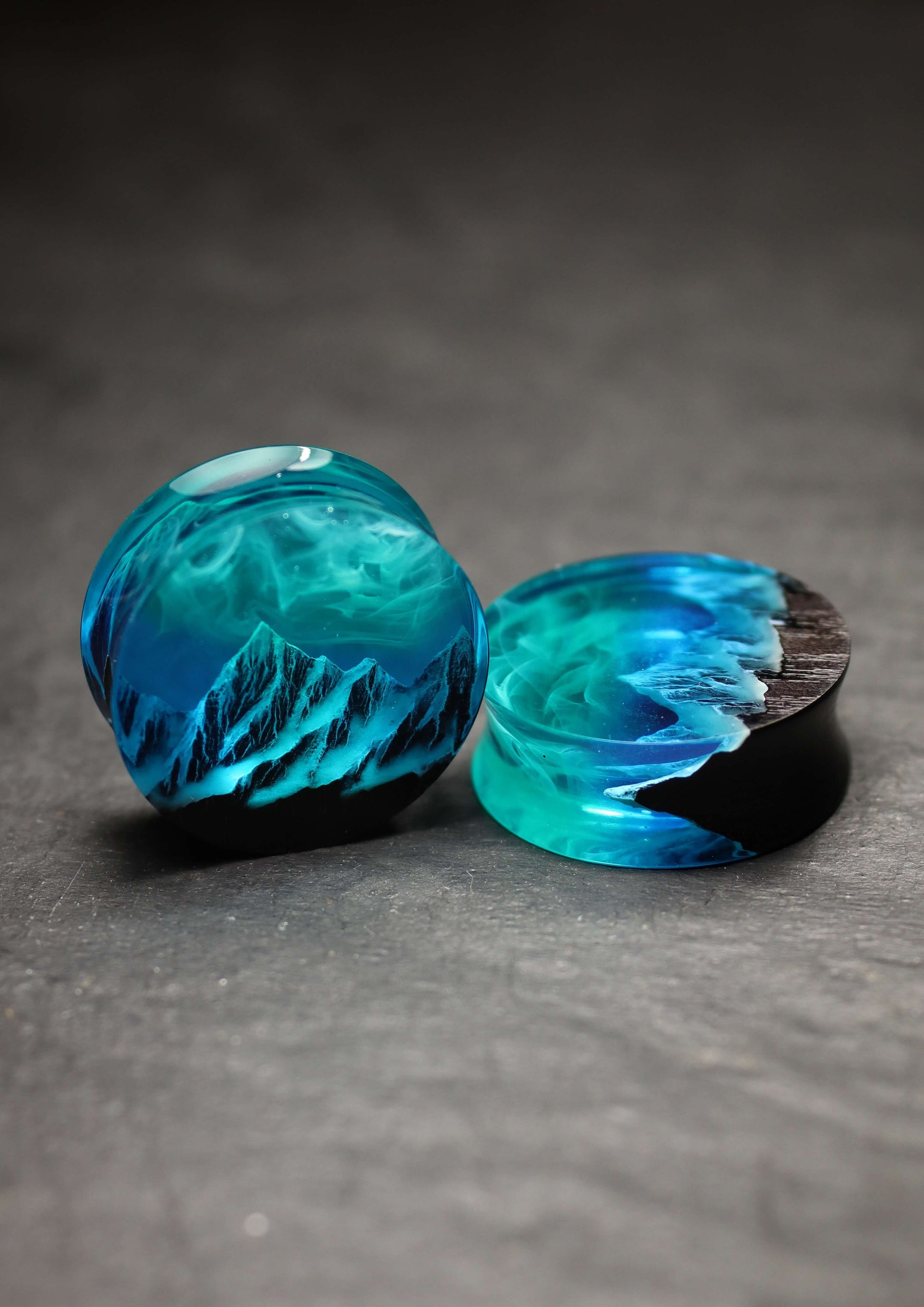 Epoxy resin and wood earring plug Mountain Northern lights