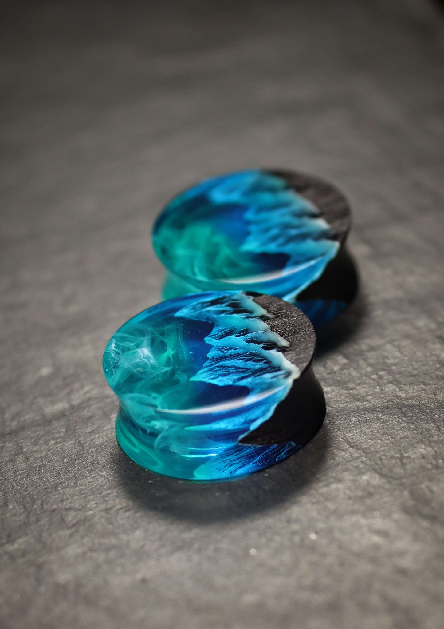 Epoxy resin and wood earring plug Mountain Northern lights