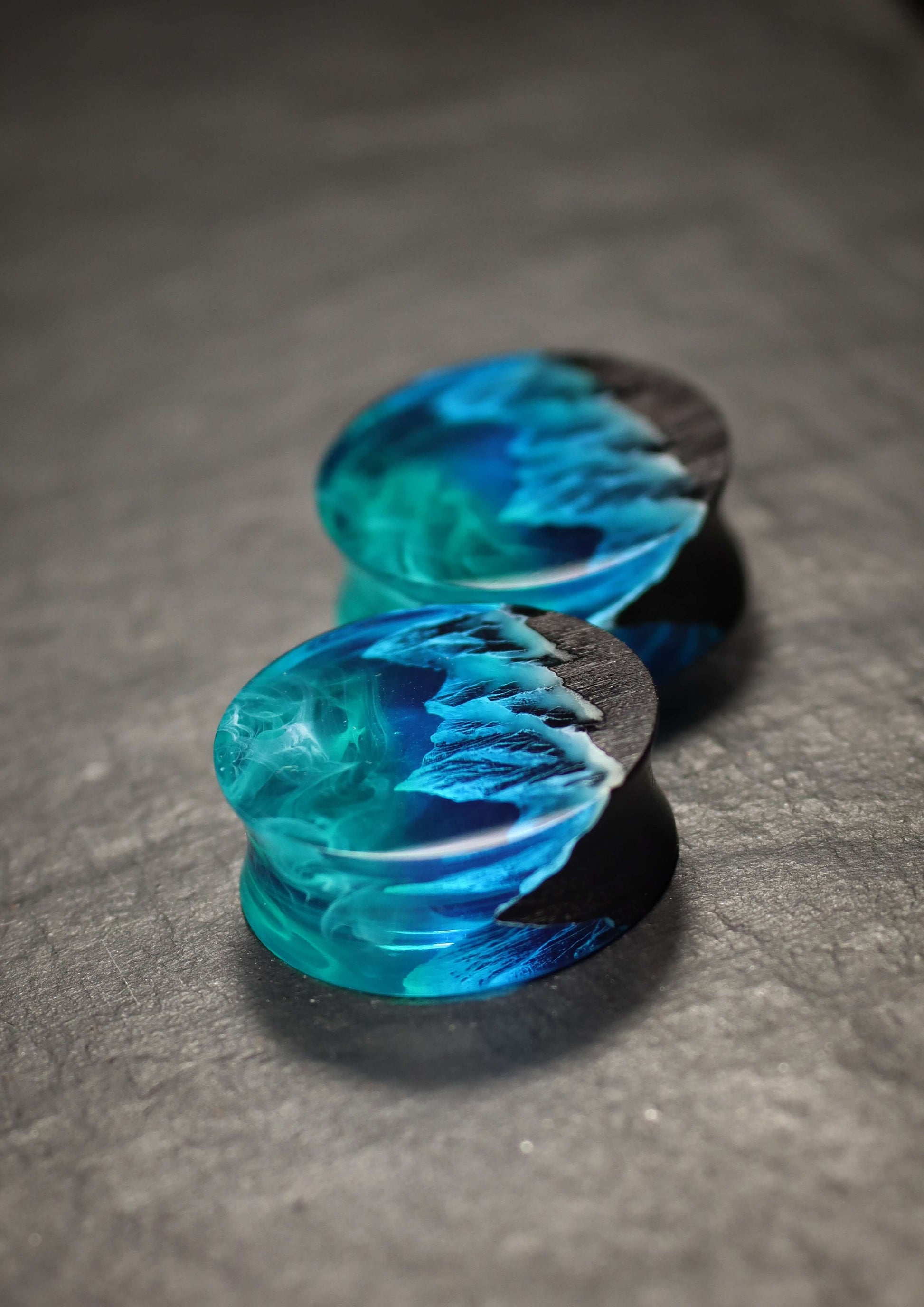 Epoxy resin and wood earring plug Mountain Northern lights