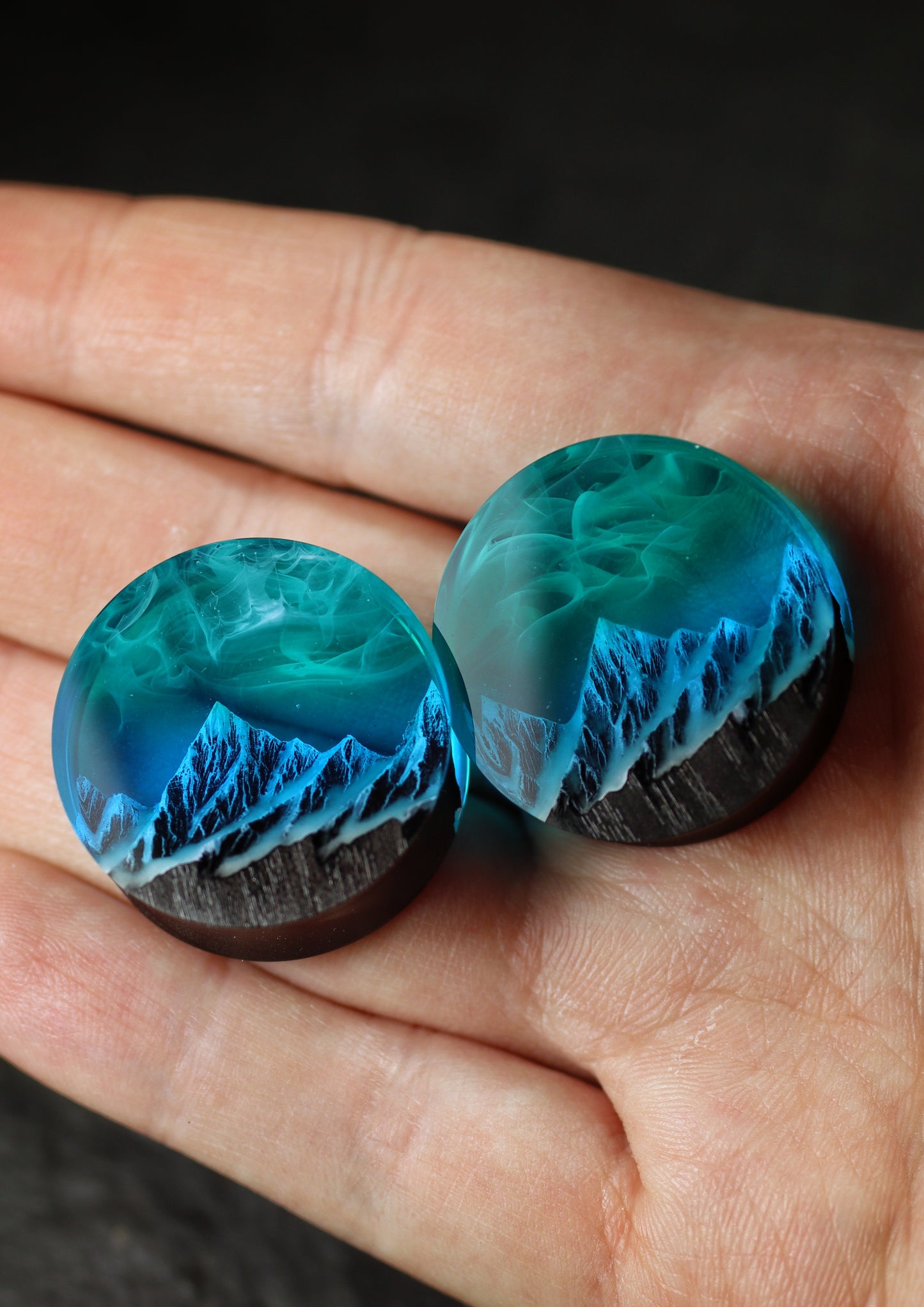 Epoxy resin and wood earring plug Mountain Northern lights