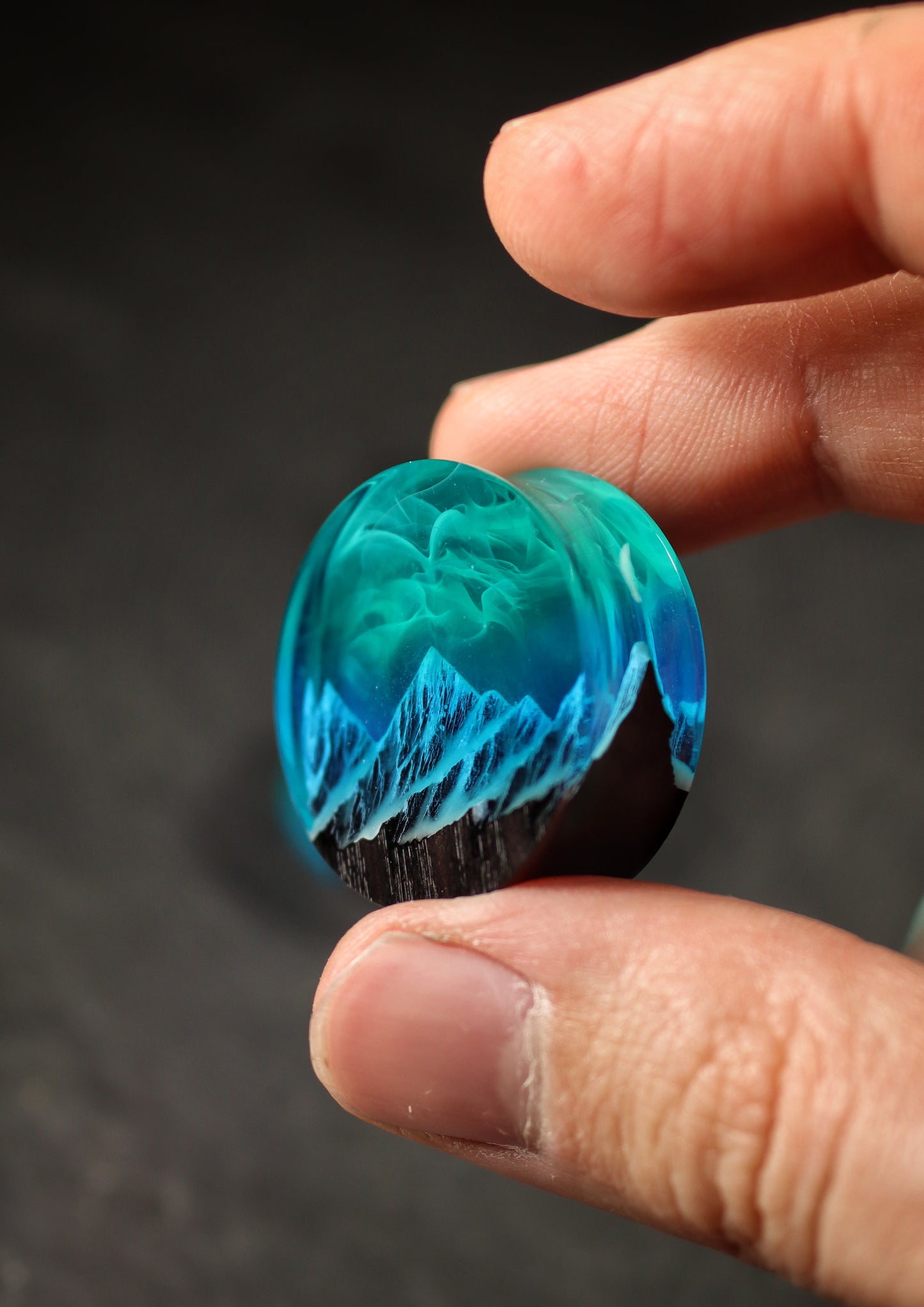 Epoxy resin and wood earring plug Mountain Northern lights