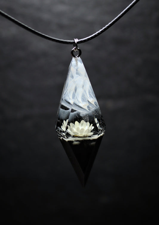 Epoxy resin and wood White Flower Rhombus pendant with haze