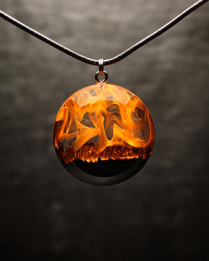 Epoxy resin and wood Fire Round Faceted pendant