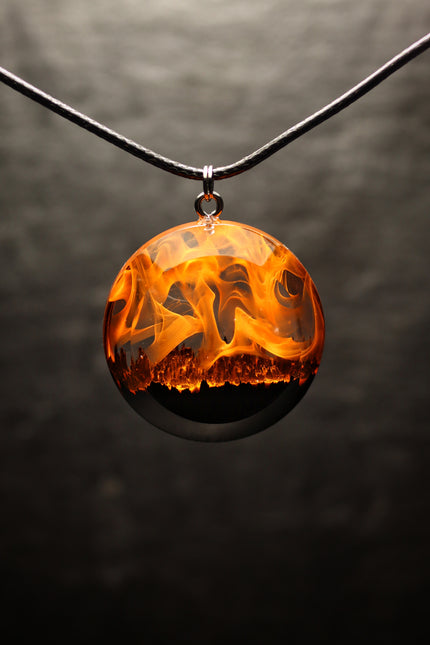Epoxy resin and wood Fire Round Faceted pendant