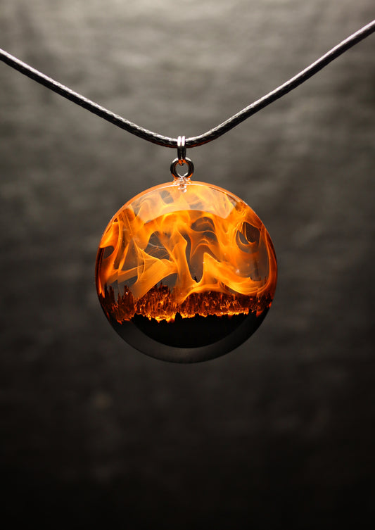 Epoxy resin and wood Fire Round Faceted pendant