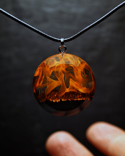 Epoxy resin and wood Fire Round Faceted pendant