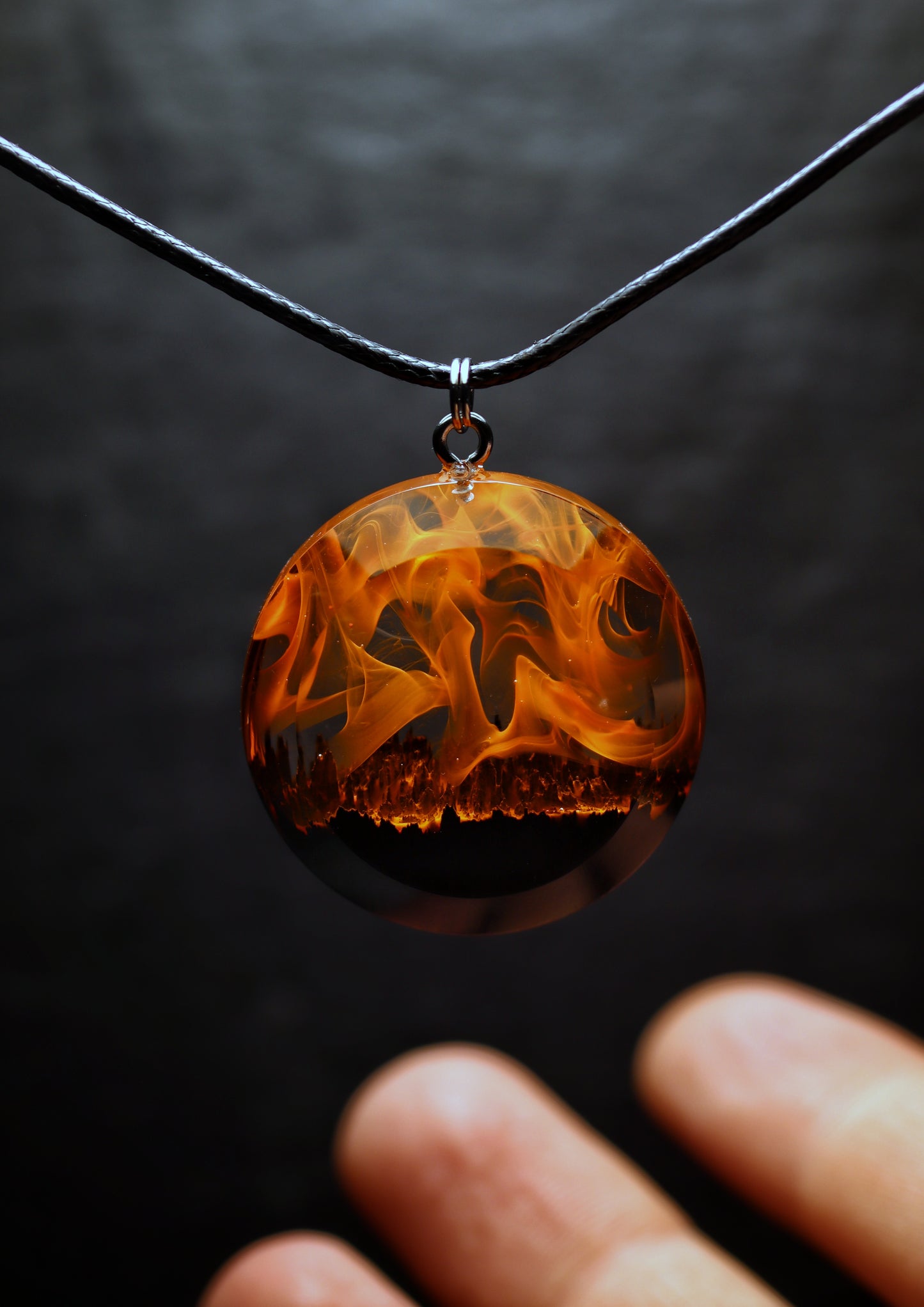 Epoxy resin and wood Fire Round Faceted pendant