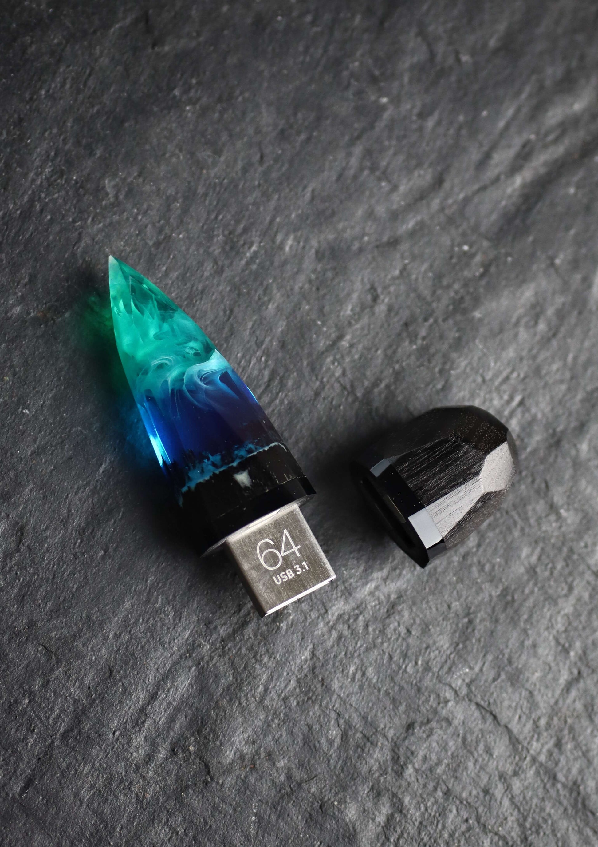 Handmade wood and resin USB flash drive with blue green northern lights effect