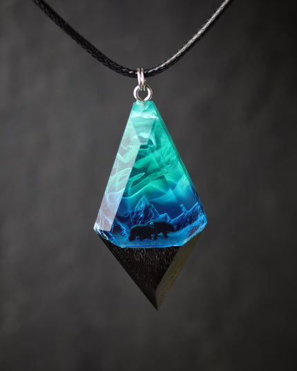 Epoxy resin and wood Mountain Panorama Northern lights pendant