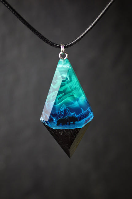 Epoxy resin and wood Mountain Panorama Northern lights pendant